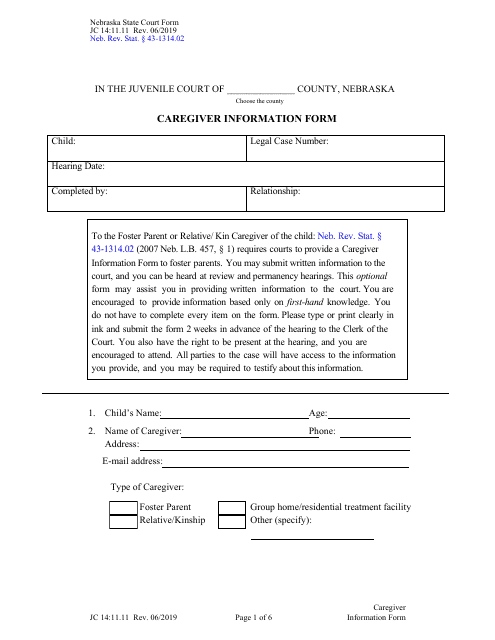 Form JC14:11.11 Caregiver Information Form - Nebraska
