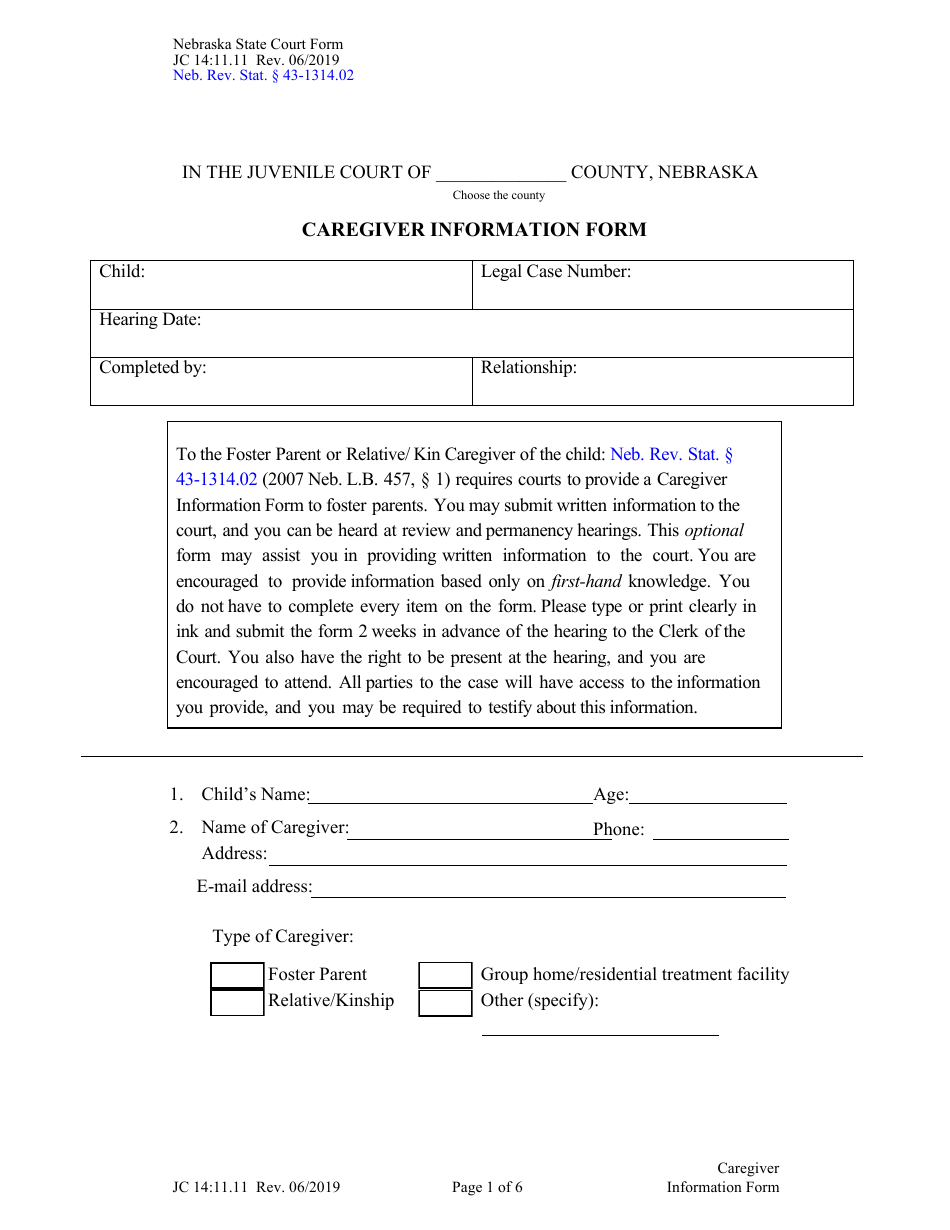 Form JC14:11.11 Caregiver Information Form - Nebraska, Page 1