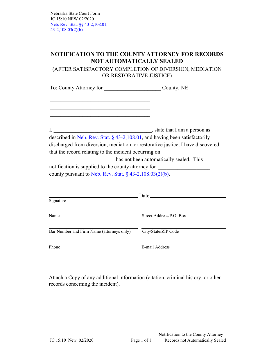 Form JC15:10 Notification to the County Attorney for Records Not Automatically Sealed - Nebraska, Page 1