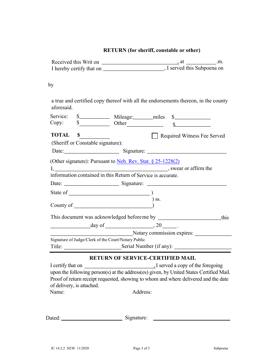 Form JC14:2.2 Subpoena (Juvenile) (If Issued Pursuant to Neb. Rev. Stat. 25-1223(6)) for an Employee of the State of Nebraska, a Political Subdivision Thereof, or a Privately Employed Security Guard - Nebraska, Page 3