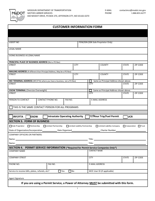 Customer Information Form - Missouri Download Pdf
