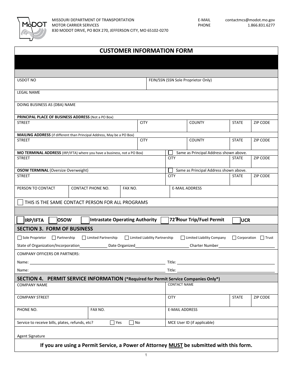 Customer Information Form - Missouri, Page 1