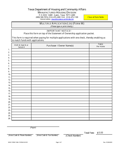 MHD Form 1046 (M)  Printable Pdf