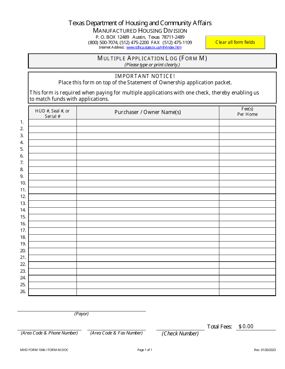 MHD Form 1046 (M) Multiple Application Log - Texas, Page 1