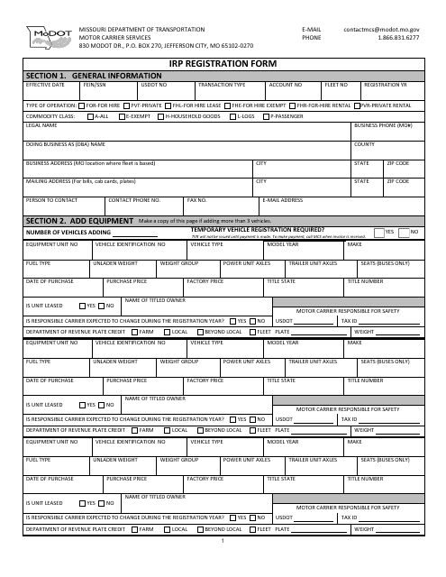Irp Registration Form - Missouri