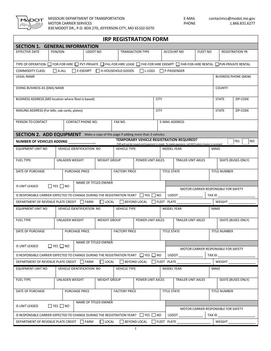 Irp Registration Form - Missouri, Page 1