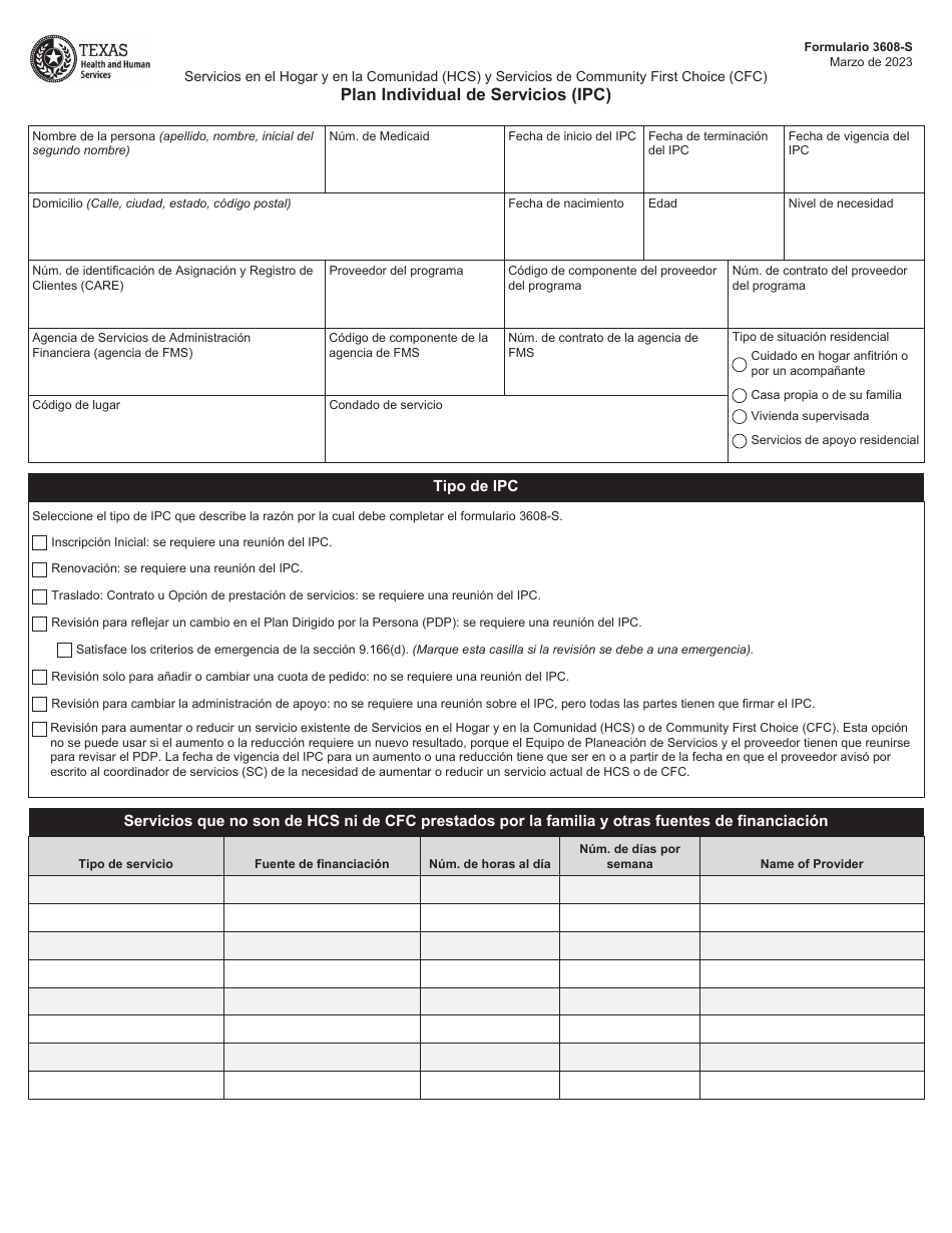 Formulario 3608-S Plan Individual De Servicios (Ipc) - Servicios En El Hogar Y En La Comunidad (Hcs) Y Servicios De Community First Choice (Cfc) - Texas (Spanish), Page 1