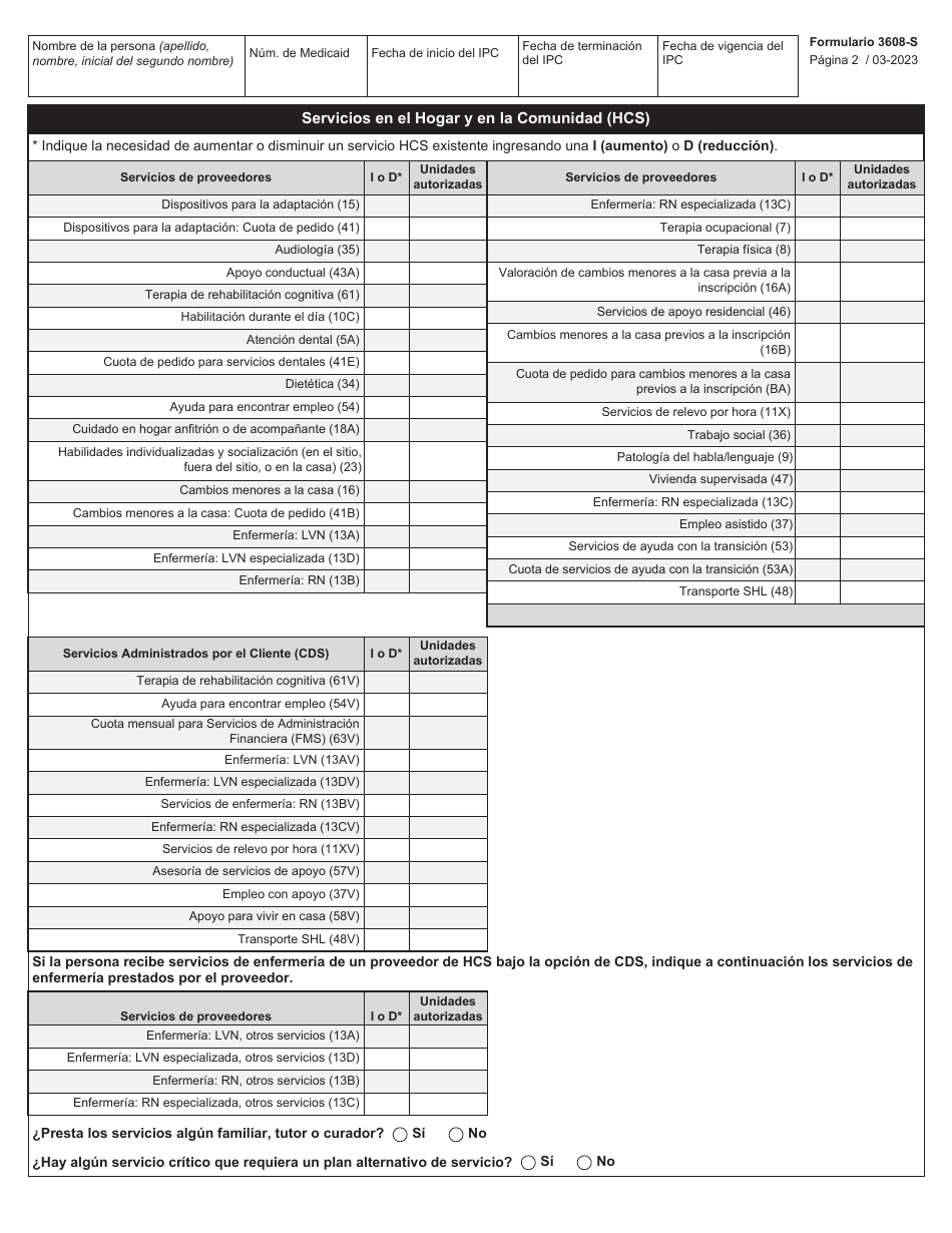 Formulario 3608-S Plan Individual De Servicios (Ipc) - Servicios En El Hogar Y En La Comunidad (Hcs) Y Servicios De Community First Choice (Cfc) - Texas (Spanish), Page 2