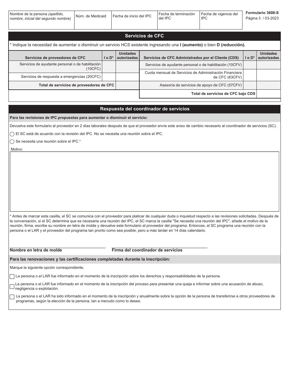 Formulario 3608-S Plan Individual De Servicios (Ipc) - Servicios En El Hogar Y En La Comunidad (Hcs) Y Servicios De Community First Choice (Cfc) - Texas (Spanish), Page 3