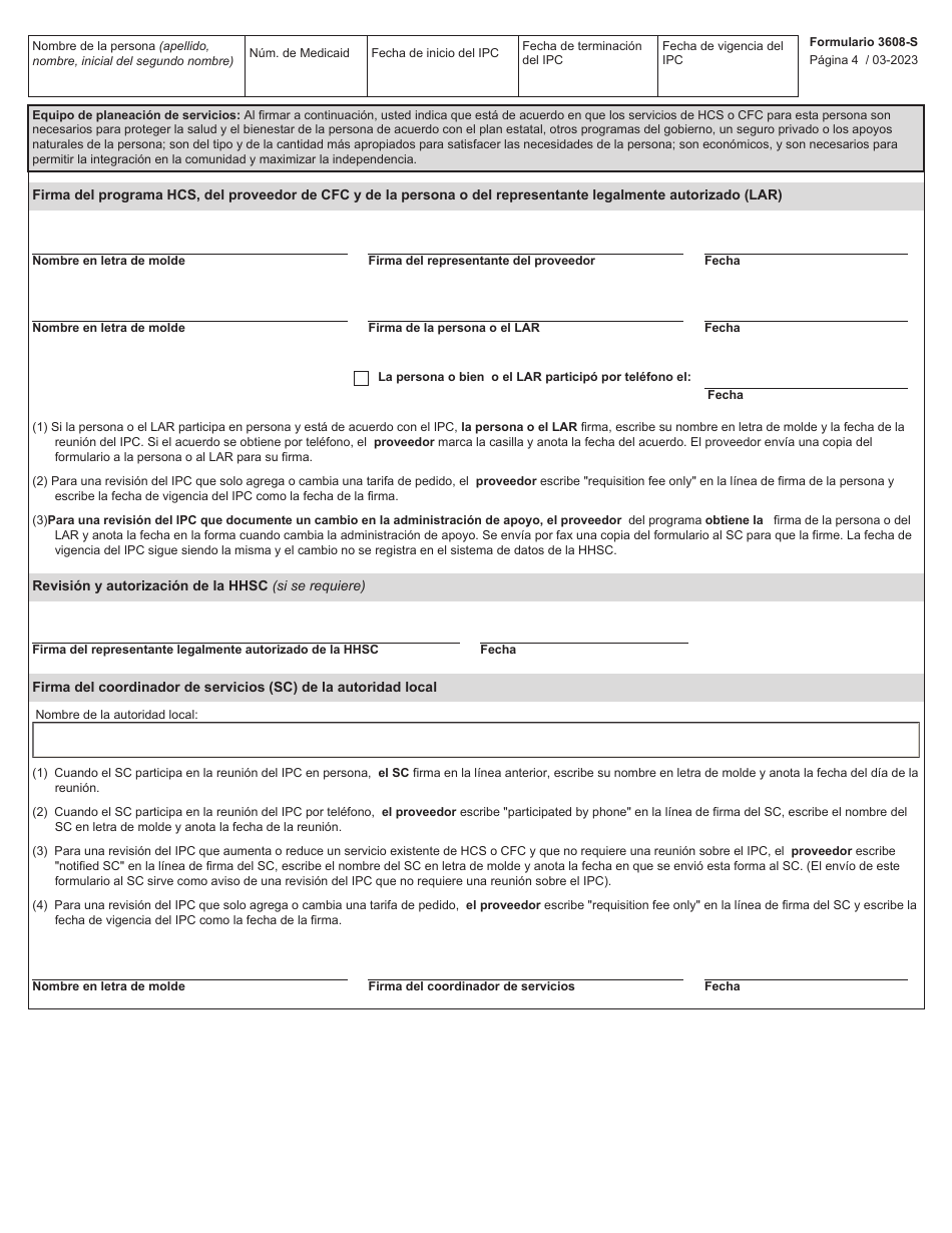 Formulario 3608-S Plan Individual De Servicios (Ipc) - Servicios En El Hogar Y En La Comunidad (Hcs) Y Servicios De Community First Choice (Cfc) - Texas (Spanish), Page 4