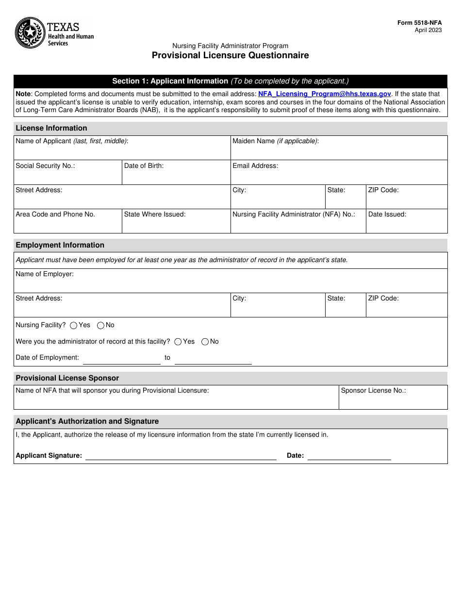Form 5518-NFA Provisional Licensure Questionnaire - Nursing Facility Administrator Program - Texas, Page 1