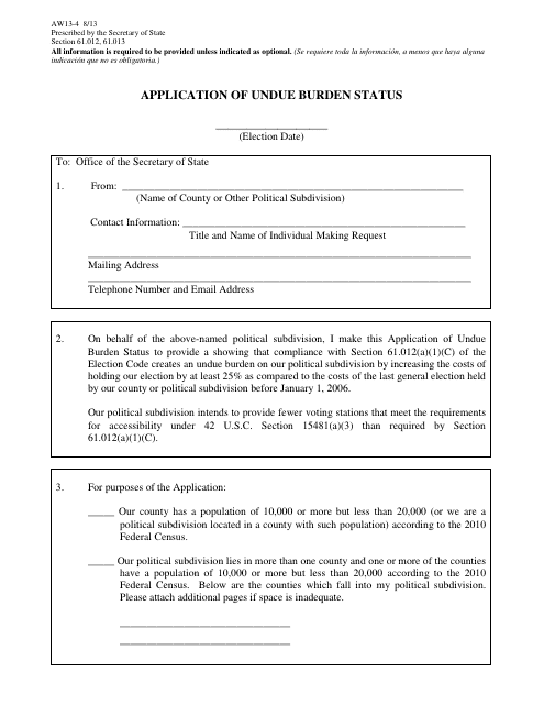 Form AW13-4 Application of Undue Burden Status - Texas
