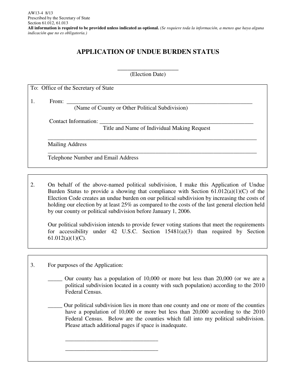 Form AW13-4 Application of Undue Burden Status - Texas, Page 1