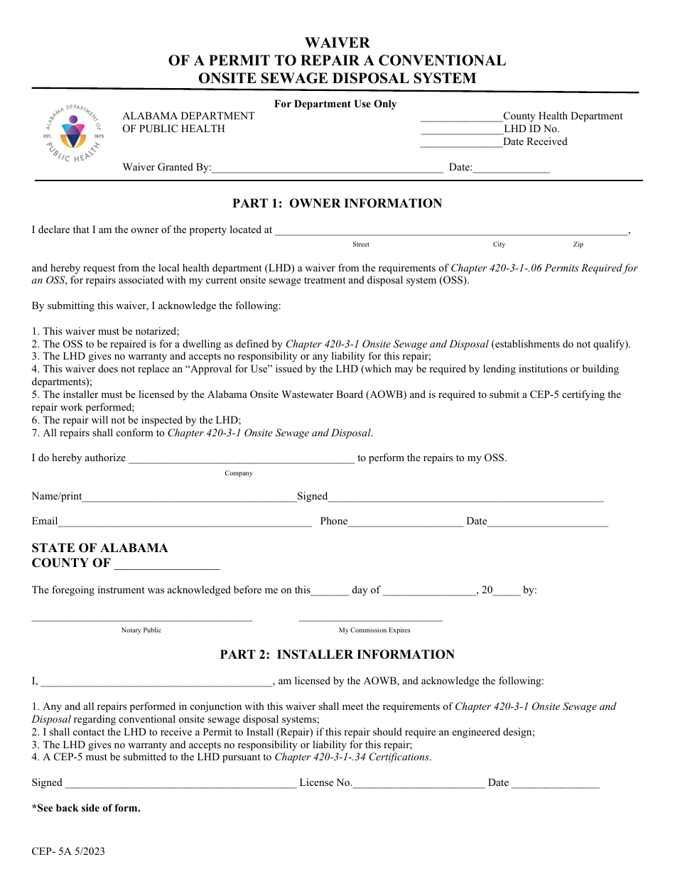 Form CEP-5A Waiver of a Permit to Repair a Conventional Onsite Sewage Disposal System - Alabama, Page 1
