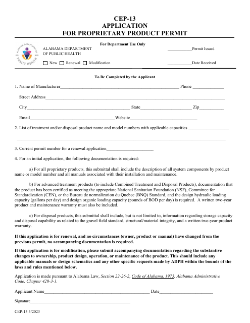 Form CEP-13 Application for Proprietary Product Permit - Alabama