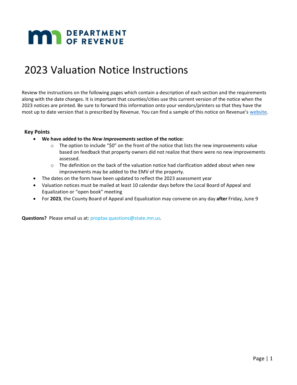 Download Instructions for Valuation Notice PDF, 2023 Templateroller