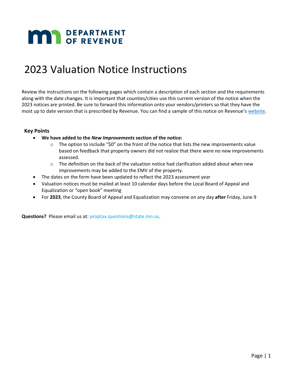 Instructions for Valuation Notice - Minnesota, Page 1