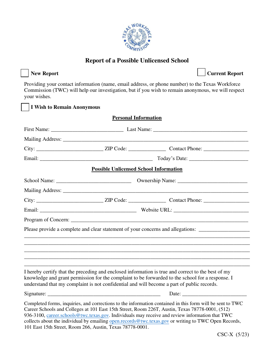 Form CSC-X - Fill Out, Sign Online and Download Fillable PDF, Texas ...