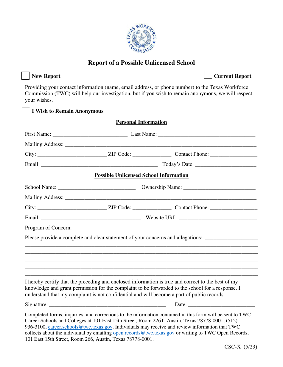 Form CSC-X Report of a Possible Unlicensed School - Texas, Page 1