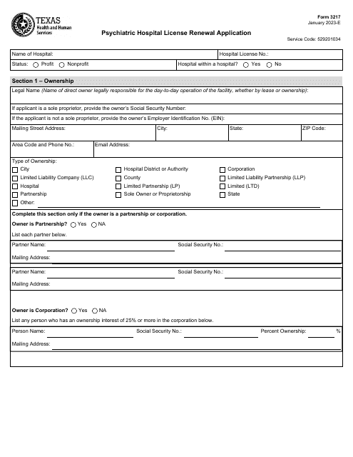 Form 3217 Psychiatric Hospital License Renewal Application - Texas