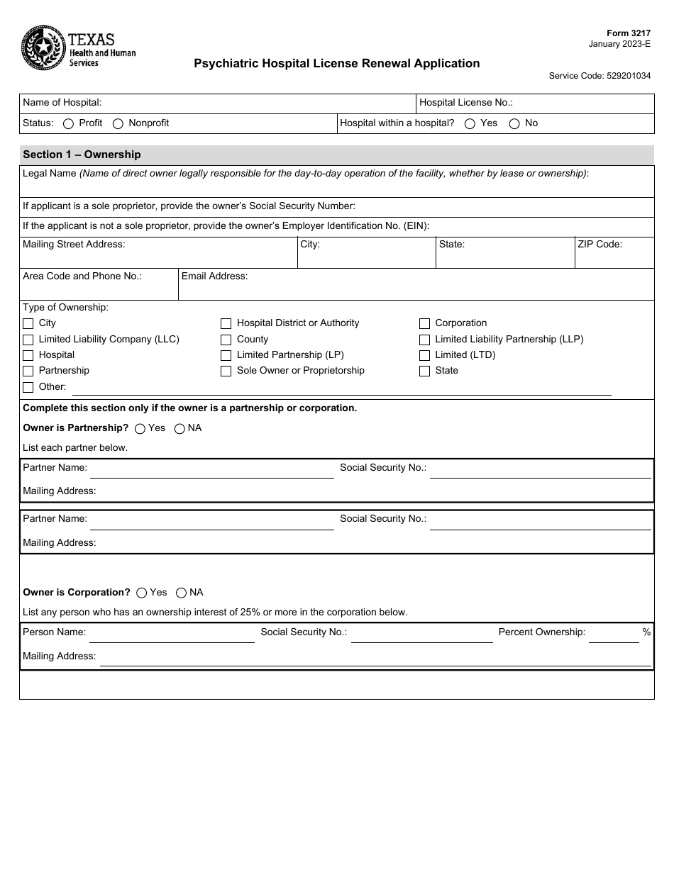 Form 3217 Psychiatric Hospital License Renewal Application - Texas, Page 1