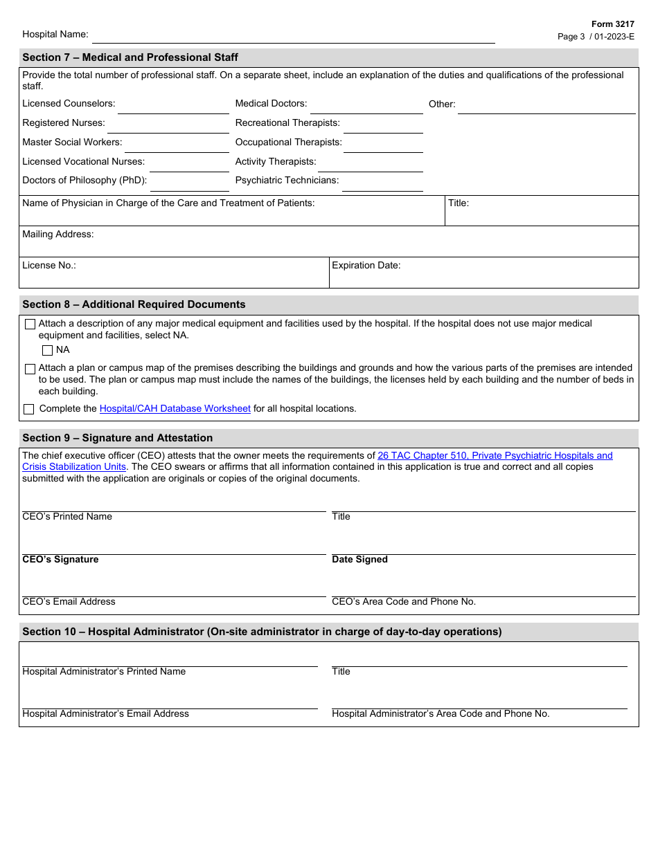 Form 3217 Psychiatric Hospital License Renewal Application - Texas, Page 3