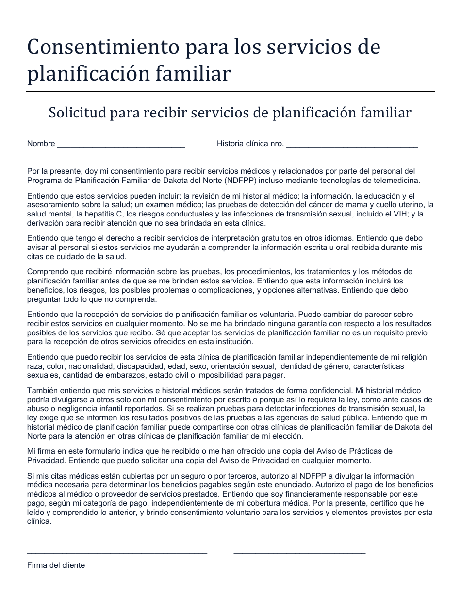 Consentimiento Para Los Servicios De Planificacion Familiar - North Dakota (Spanish), Page 1