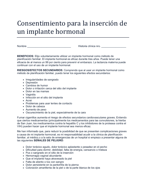 Consentimiento Para La Insercion De Un Implante Hormonal - North Dakota (Spanish) Download Pdf