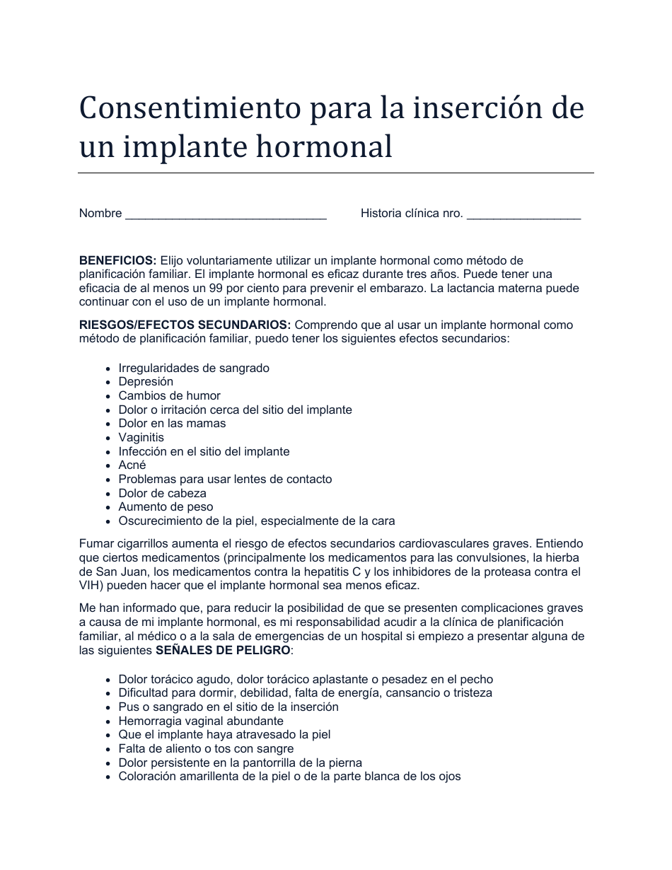 Consentimiento Para La Insercion De Un Implante Hormonal - North Dakota (Spanish), Page 1