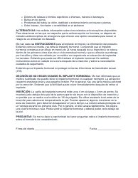 Consentimiento Para La Insercion De Un Implante Hormonal - North Dakota (Spanish), Page 2