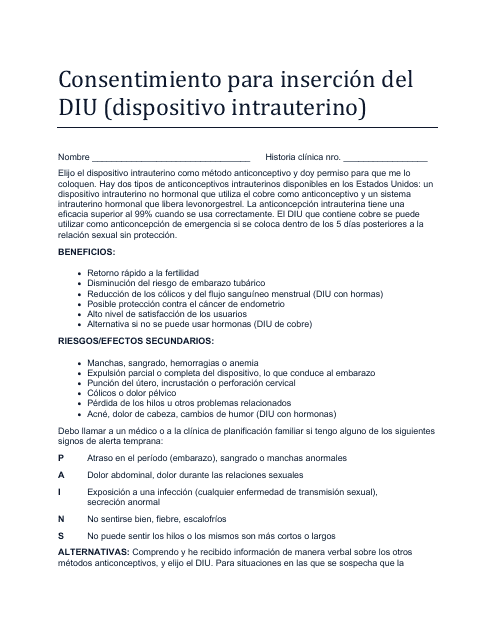 Consentimiento Para Insercion Del Diu (Dispositivo Intrauterino) - North Dakota (Spanish) Download Pdf