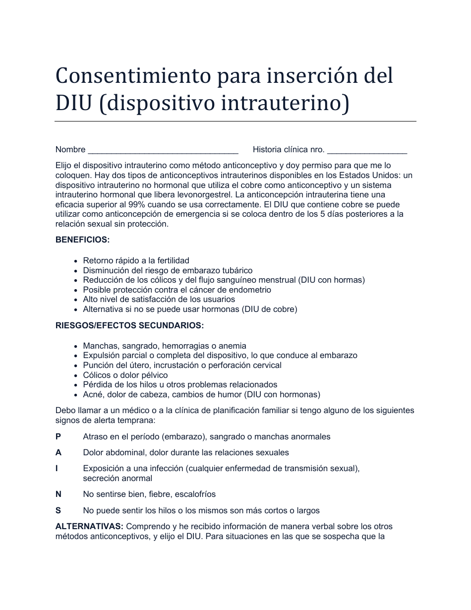 Consentimiento Para Insercion Del Diu (Dispositivo Intrauterino) - North Dakota (Spanish), Page 1