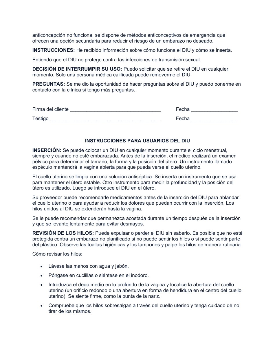 Consentimiento Para Insercion Del Diu (Dispositivo Intrauterino) - North Dakota (Spanish), Page 2