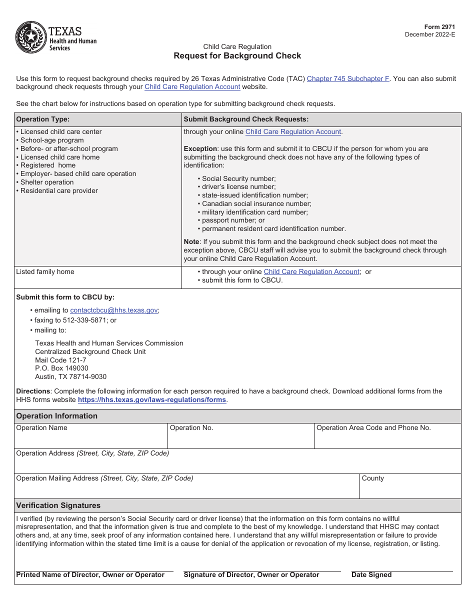 Form 2971 Child Care Regulation Request for Background Check - Texas, Page 1