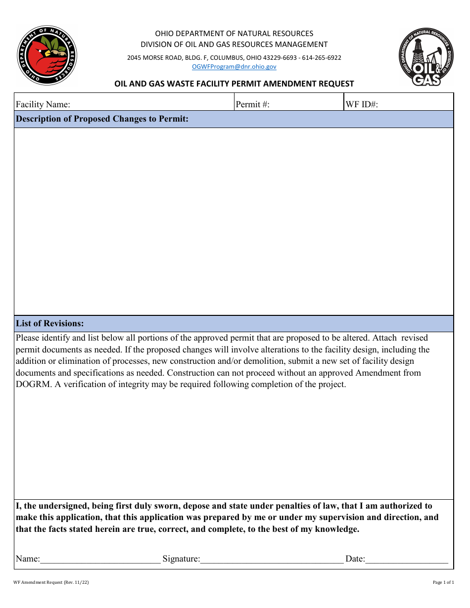Ohio Oil and Gas Waste Facility Permit Amendment Request Fill Out