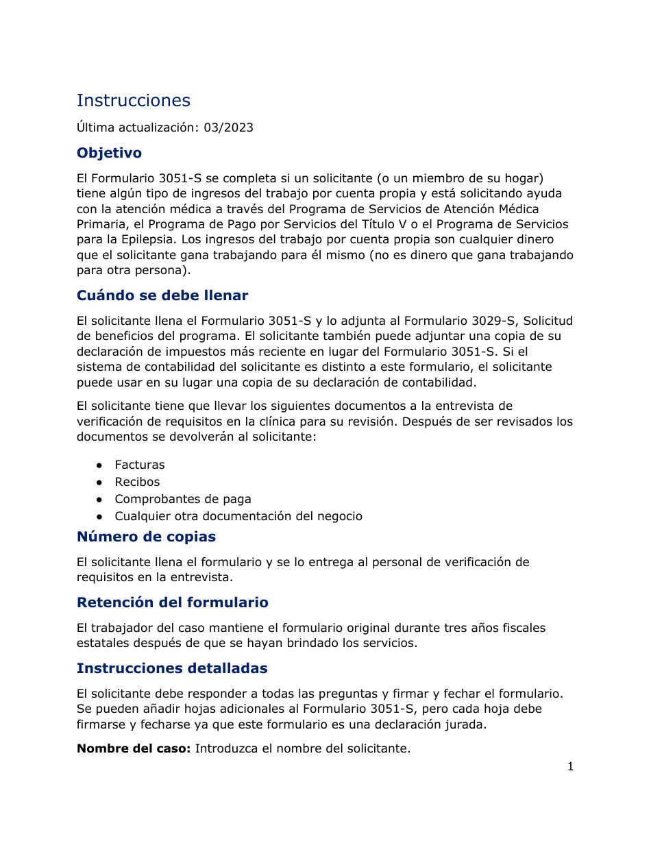 Instrucciones para Formulario 3051-S Declaracion De Ingresos De Trabajo Por Cuenta Propia - Texas (Spanish), Page 1