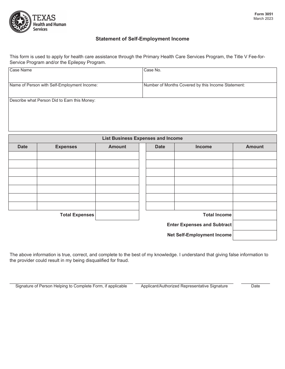 Form 3051 Statement of Self-employment Income - Texas, Page 1