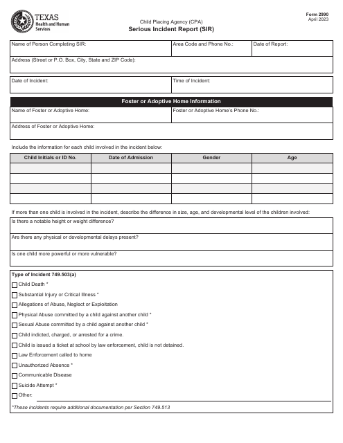 Form 2990 Serious Incident Report (Sir) - Child Placing Agency (CPA) - Texas