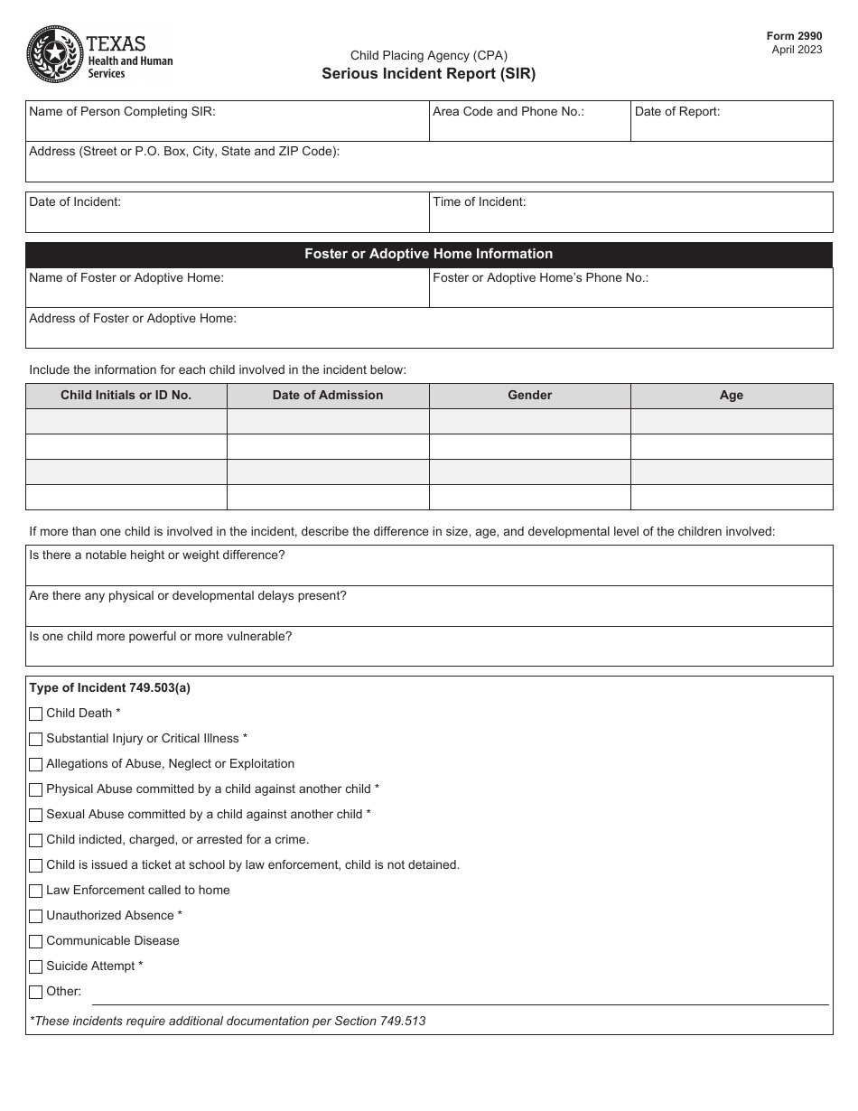 Form 2990 Serious Incident Report (Sir) - Child Placing Agency (CPA) - Texas, Page 1