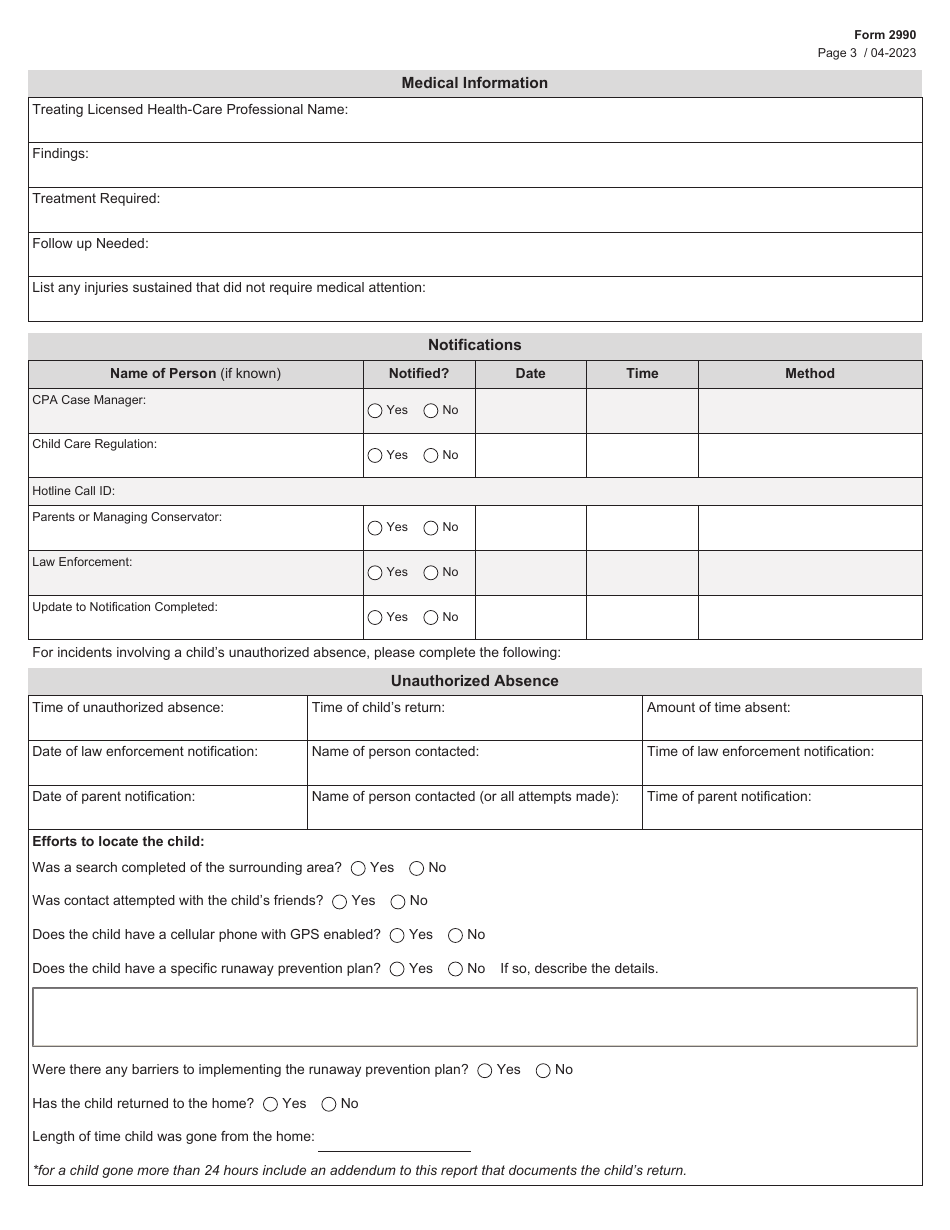 Form 2990 Serious Incident Report (Sir) - Child Placing Agency (CPA) - Texas, Page 3