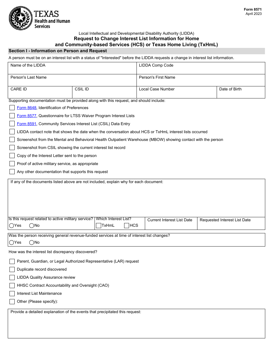 Form 8571 Request to Change Interest List Information for Home and Community-Based Services (Hcs) or Texas Home Living (Txhml) - Local Intellectual and Developmental Disability Authority (Lidda) - Texas, Page 1