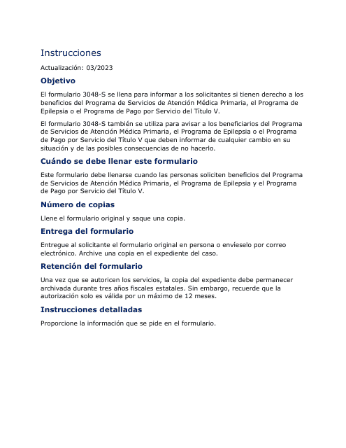 Instrucciones para Formulario 3048-S Aviso De Cumplimiento De Requisitos - Texas (Spanish)