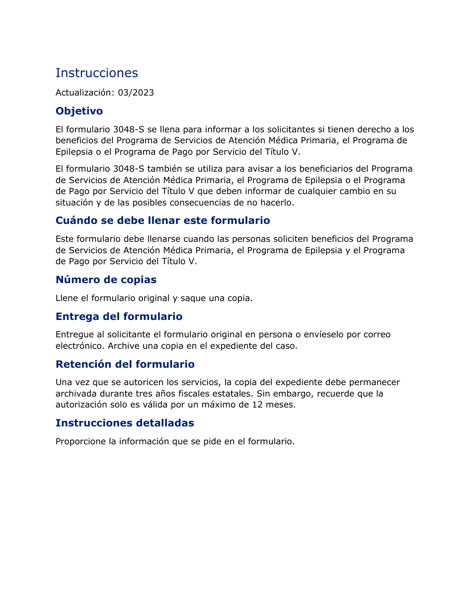 Instrucciones para Formulario 3048-S Aviso De Cumplimiento De Requisitos - Texas (Spanish), Page 1