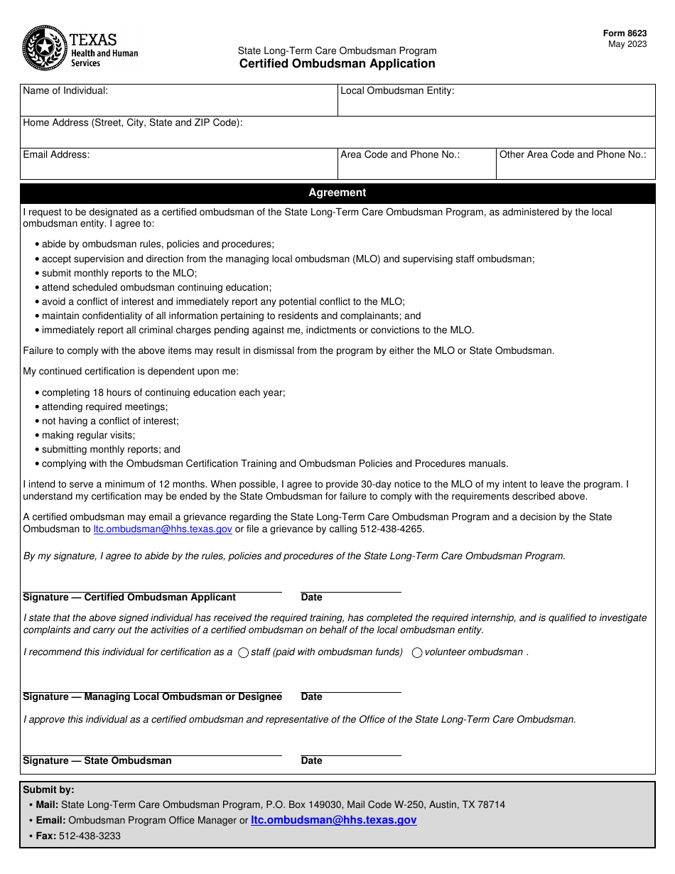 Form 8623 Certified Ombudsman Application - State Long-Term Care Ombudsman Program - Texas, Page 1