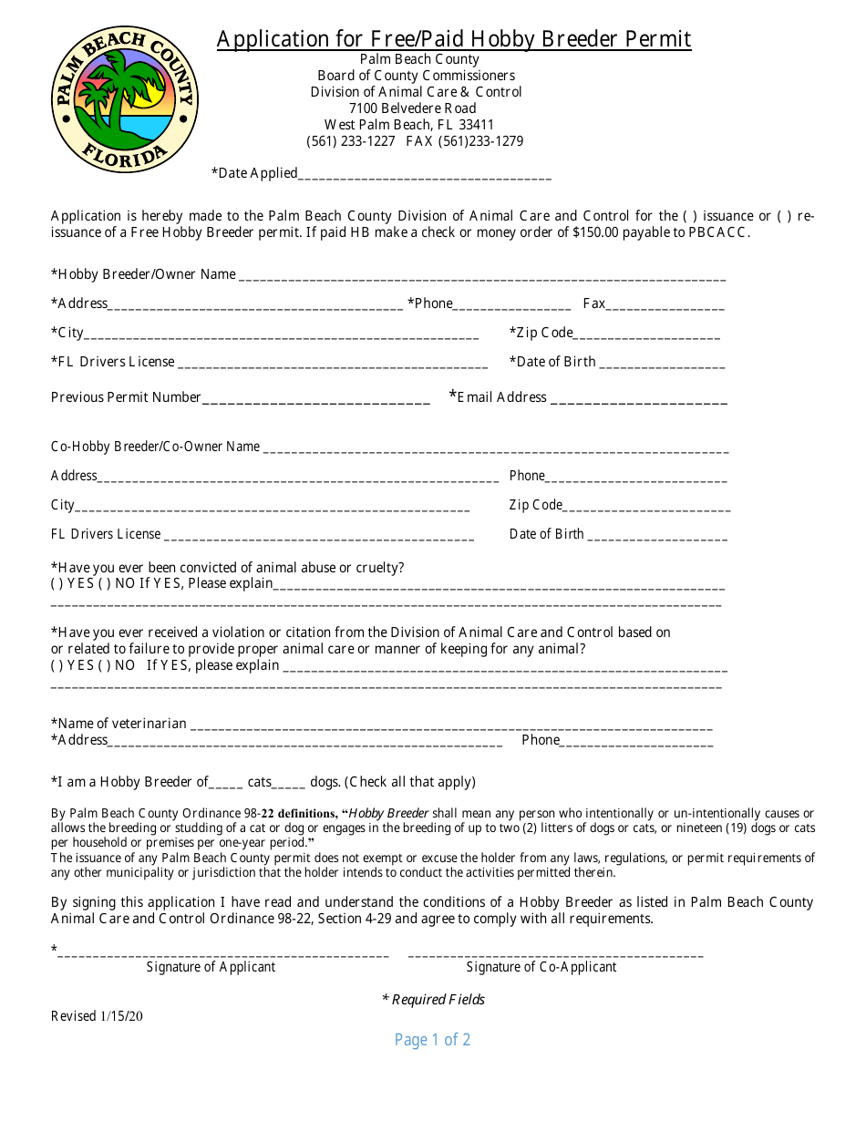 Application for Free / Paid Hobby Breeder Permit - Palm Beach County, Florida, Page 1