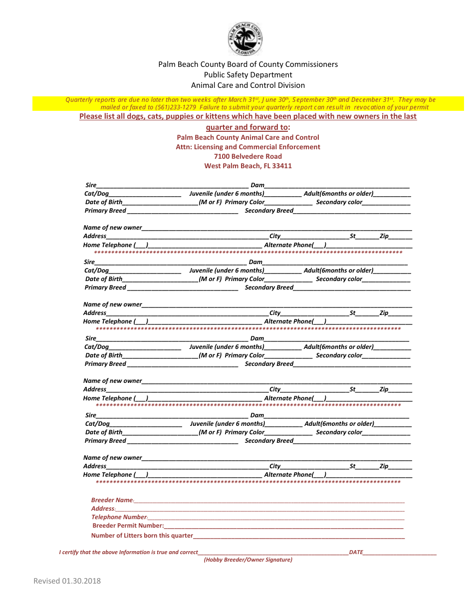 Palm Beach County, Florida Hobby Breeder Quarterly Placement Report