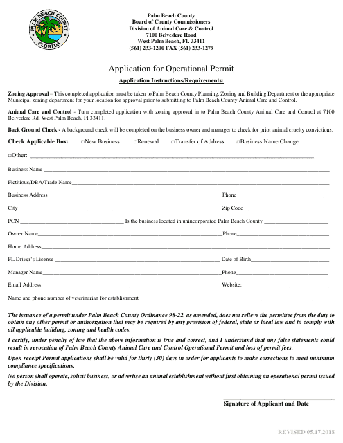 Application for Operational Permit - Palm Beach County, Florida Download Pdf