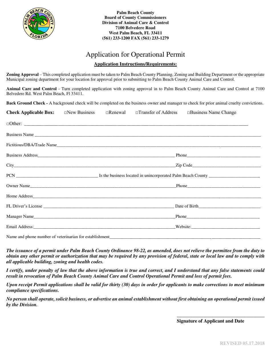 Application for Operational Permit - Palm Beach County, Florida, Page 1