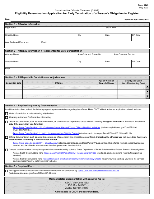 Form 3246 Eligibility Determination Application for Early Termination of a Person's Obligation to Register - Texas