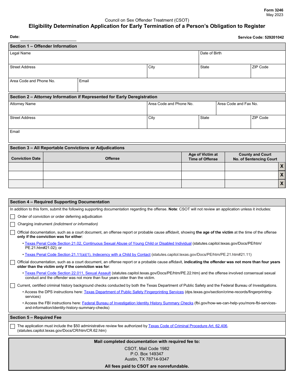 Form 3246 Eligibility Determination Application for Early Termination of a Persons Obligation to Register - Texas, Page 1
